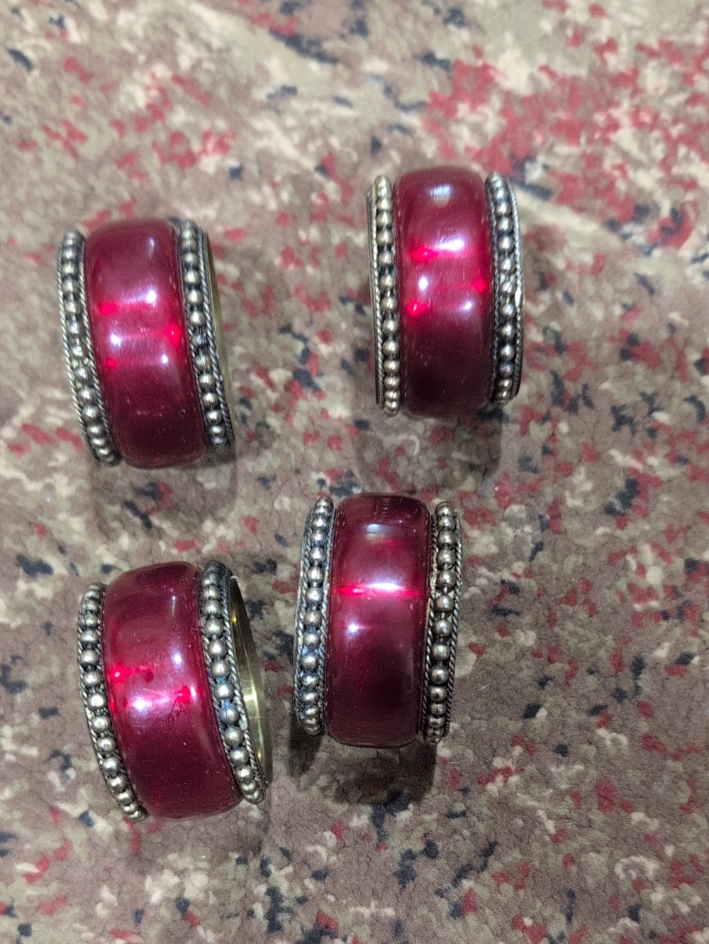 Deep Red Glass Napkin Rings with Silver-Tone Detailing